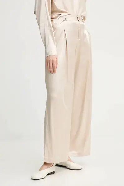 Kalhoty AERON WELLEN dámské, béžová barva, široké, high waist, PA249558