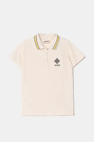 Dětské bavlněné tričko Guess béžová barva, s límečkem, J5RP01 KCOK1