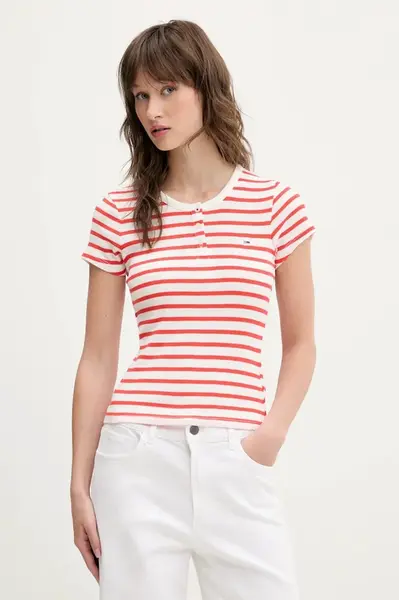 Bavlněné tričko Tommy Jeans červená barva, DW0DW19502