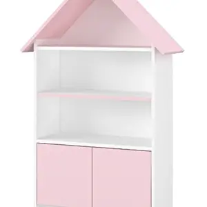 NELLYS Dřevěná knihovna/skříň na hračky Domeček, bílá/růžová