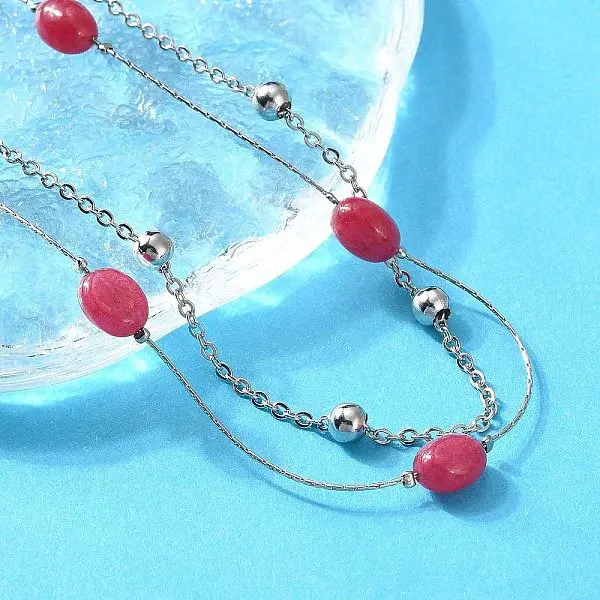 304 Stainless Steel & Dyed Natural Malaysia Jade Double Layer Necklaces for Women