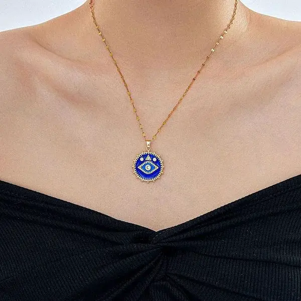 Brass Blue Enamel Evil Eye Pendant Dapped Chain Necklaces for Women Men