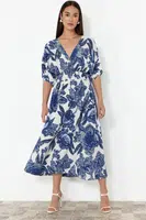 Trendyol Blue Floral A-Line Double-Breasted Midi Woven Dress