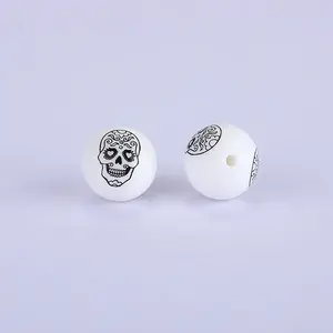 Printed Round with Skull Pattern Silicone Focal Beads