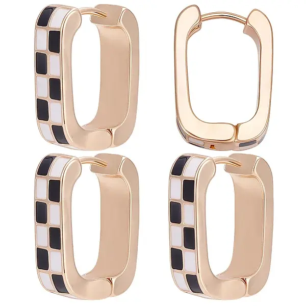4 Pairs Rectangle with Tartan Pattern Alloy Enamel Hoop Earrings
