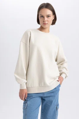 DEFACTO Back to School Oversize Fit Wide Pattern Crew Neck Thick Fabric Basic Plain Sweatshirt