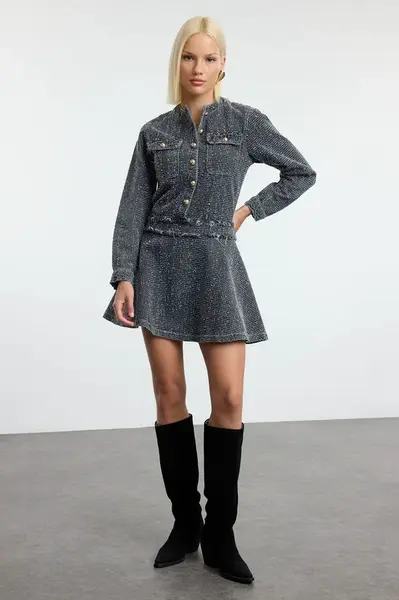 Trendyol Gray Textured Flounce Skirt Mini Denim Dress