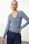 Trendyol Indigo Ruffle/Drape Detailed V-Neck Fitted Flexible Knitted Blouse