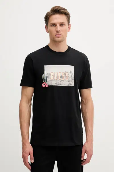 Bavlněné tričko Guess pánské, černá barva, s potiskem, M5YI45 KBW41