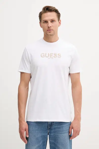 Bavlněné tričko Guess pánské, bílá barva, s aplikací, M5YI41 KBW41