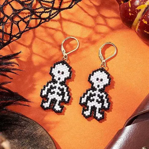 MIYUKI Delica Beads Beaded Skeleton Leverback Earrings