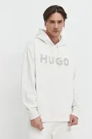 Bavlněná mikina HUGO pánská, béžová barva, s kapucí, s aplikací, 50509975