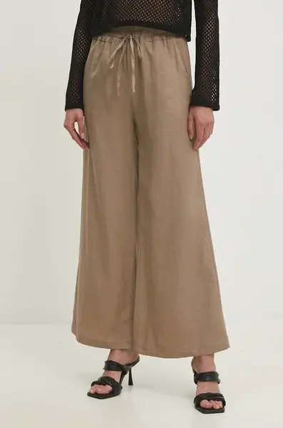 Kalhoty s lněnou směsí Answear.LAB béžová barva, široké, high waist