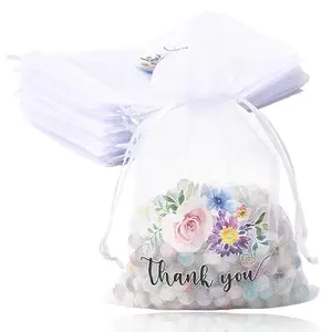 20Pcs Thank You Flower Printed Organza Drawstring Bags