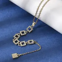 Brass Micro Pave Clear Cubic Zirconia Geometric Pendant Y Tassel Necklaces