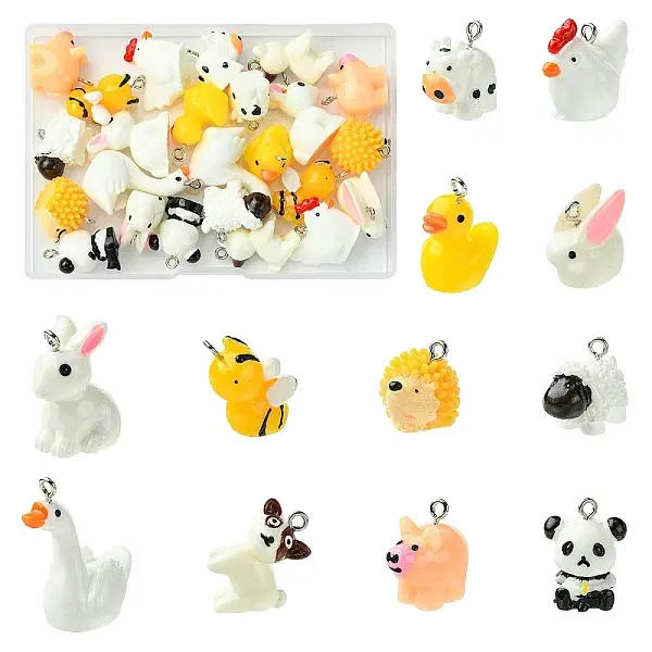 24Pcs 12 Styles Animal Shape Opaque Resin Pendants
