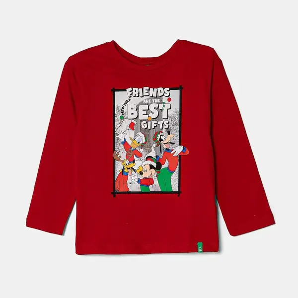 Dětské bavlněné tričko s dlouhým rukávem United Colors of Benetton červená barva, s potiskem, 3ATNG10GP