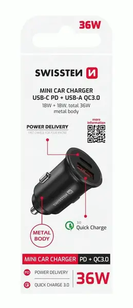 SWISSTEN CL ADAPTÉR POWER DELIVERY USB-C + QUICK CHARGE 3.0 36W METAL, ČERNÁ