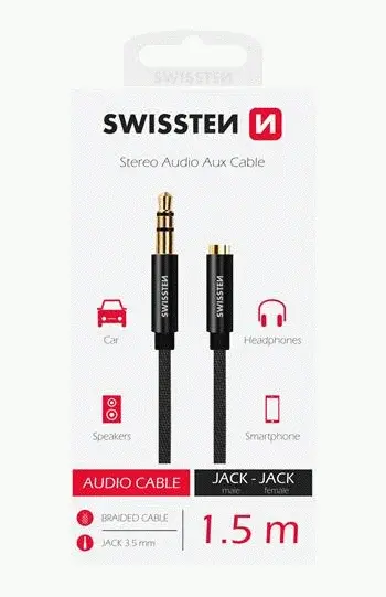 AUDIO KABEL SWISSTEN TEXTILE 3,5 mm JACK - 3,5 mm JACK, 1,5 M, ČERNÁ