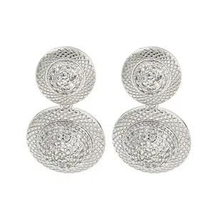 Flat Round Brass Pave Clear Cubic Zirconia Dangle Stud Earrings