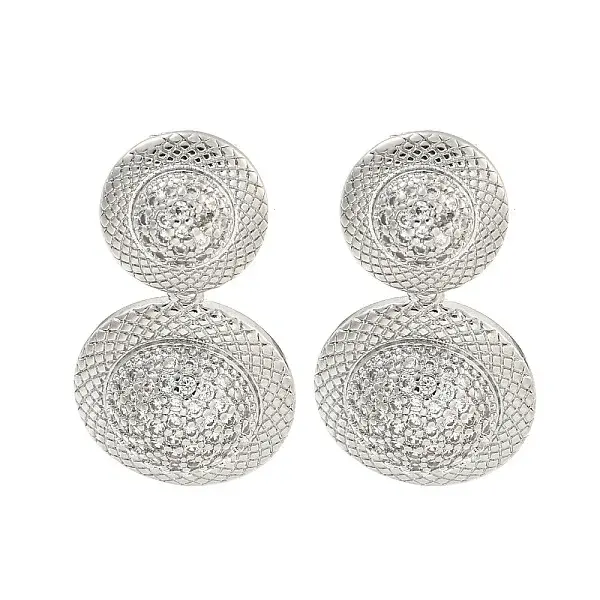 Flat Round Brass Pave Clear Cubic Zirconia Dangle Stud Earrings