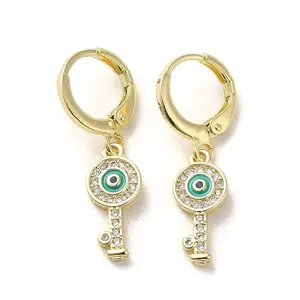 Key with Evil Eye Golden Brass Dangle Leverback Earrings