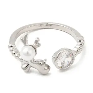 Plastic Pearl Christmas Deer Open Cuff Ring with Cubic Zirconia