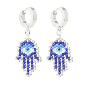 Glass Seed Braided Hamsa Hand with Evil Eye Dangle Hoop Earrings