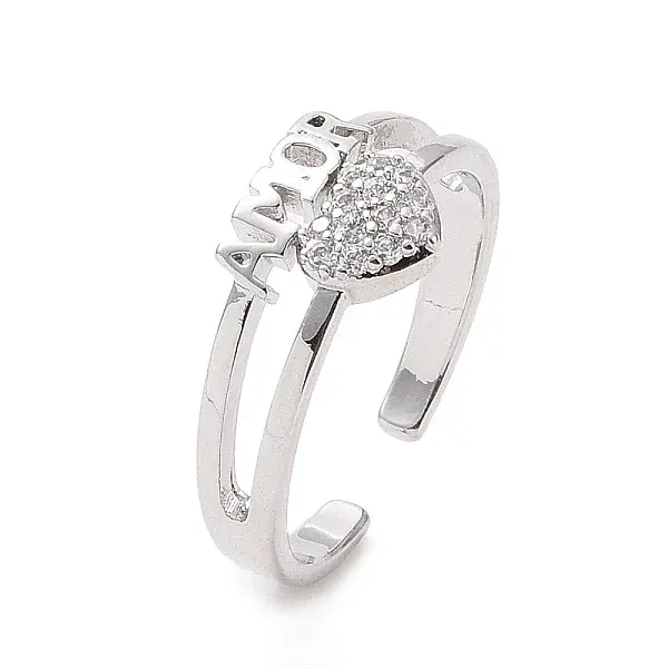 Clear Cubic Zirconia Heart with Word Amor Open Cuff Ring