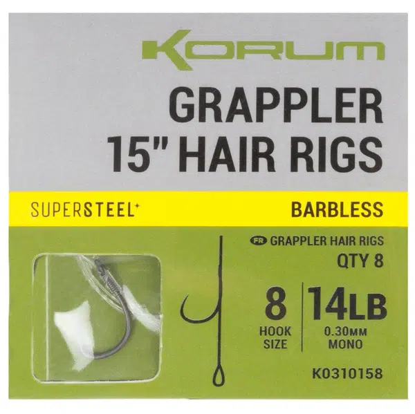 Korum návazec grappler 15” hair rigs barbless 38 cm - velikost háčku 8 průměr 0,30 mm nosnost 14 lb