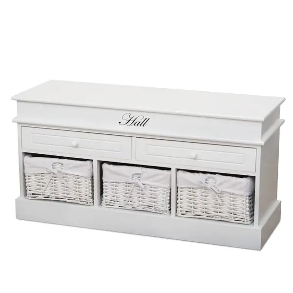 Lavice, 3 košíky, 2 zásuvky, dřevo/proutí, bílá, blanco