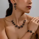 Flower Brass Enamel Pendant Necklace & Stud Dangle Earring & Link Bracelet