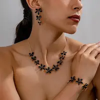 Flower Brass Enamel Pendant Necklace & Stud Dangle Earring & Link Bracelet