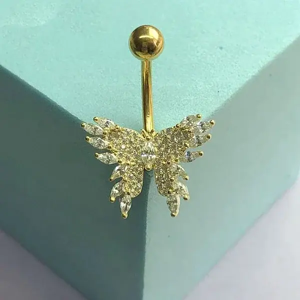 Brass Pave Clear Cubic Zirconia Curved Barbell Butterfly Belly Rings