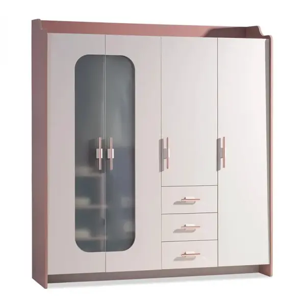 Čtyřdveřová šatní skříň s osvětlením viviana - růžová, bílá
