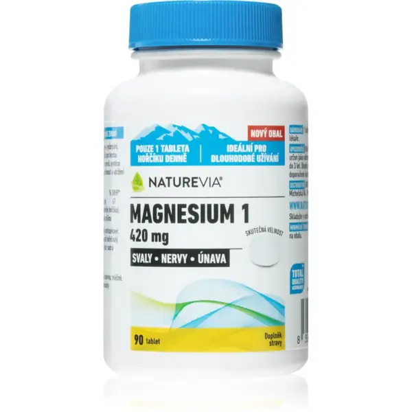 NatureVia Magnesium 1 420mg tablety pro podporu snížení míry únavy a vyčerpání, normální stav zubů, kostí a svalů 90 tbl