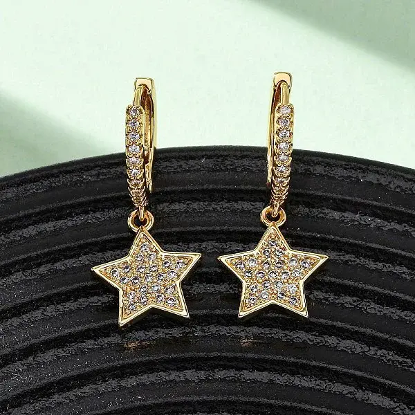 Star Brass Micro Pave Clear Cubic Zirconia Hoop Earrings