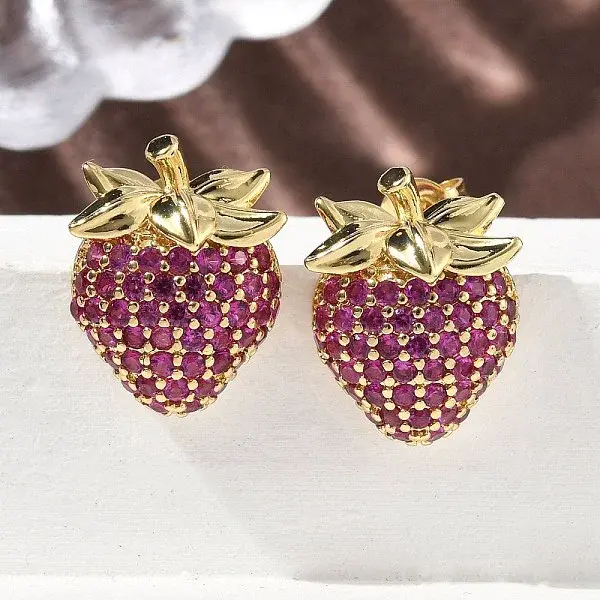 Brass Cubic Zirconia Strawberry Stud Earrings