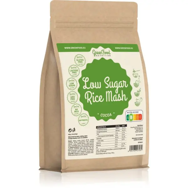 GreenFood Nutrition Low Sugar Rice Mash ryžová kaša s nízkym obsahom cukru príchuť Cocoa 500 g