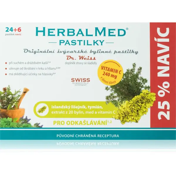 Dr.Weiss HerbalMed pastilky Islandský lišajník + tymian + med + vitamín C pastilky na podporu zdravia dýchacích ciest 30 tbl