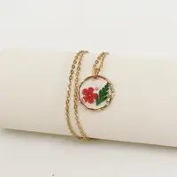 Alloy & Plastic Inner Flower Flat Round Pendant Necklaces