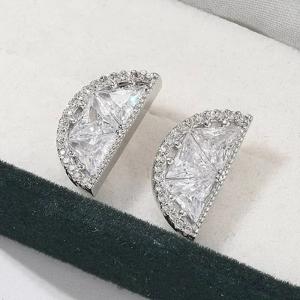 Half Round Brass Micro Pave Clear Cubic Zirconia Stud Earrings