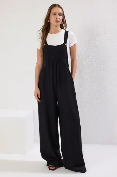 Trendyol černá vesta s lněným vzhledem a širokými nohavicemi tkaný overal