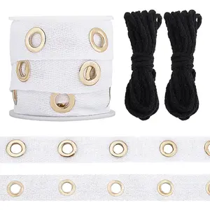 5 Yards Cotton Ribbons with Golden Tone Iron Eyelet Rings and Cotton Thread