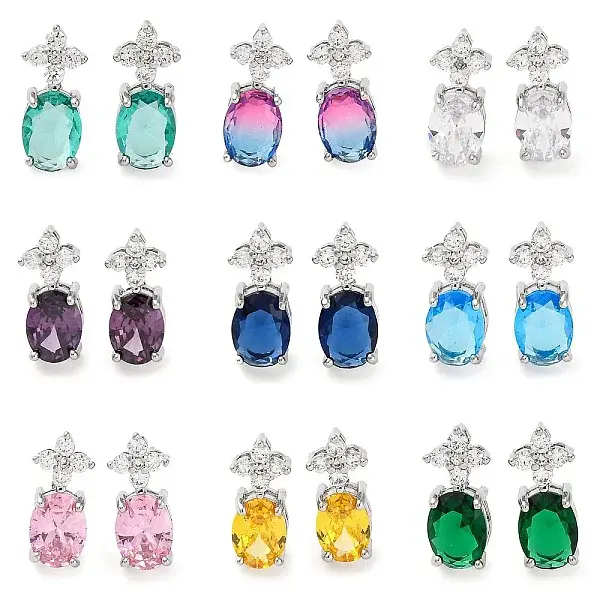 Brass Pave Cubic Zirconia Flower & Oval Stud Earrings for Women