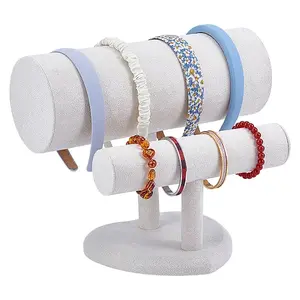 2 T Bar Wood Covered with Velvet Bracelet Display Stands with Heart Base