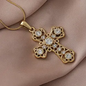 304 Stainless Steel with Clear Glass Hollow Cross Pendant Necklaces for Women Men