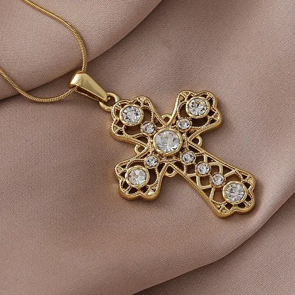 304 Stainless Steel with Clear Glass Hollow Cross Pendant Necklaces for Women Men