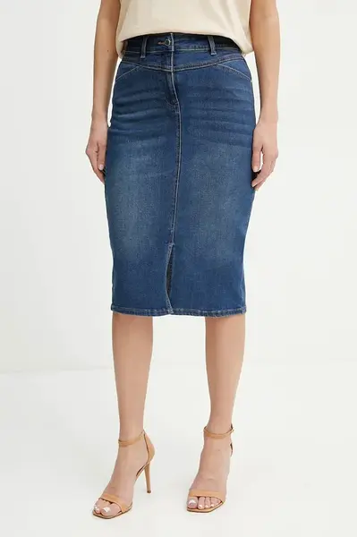 Džínová sukně Morgan JAPA tmavomodrá barva, mini, pouzdrová, JAPA