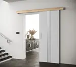 Posuvné dveře Salwador V Dveře: Bíle mat, Pásky / úchyty: Stříbrné, Horní pojezdová lišta: Dub Sonoma